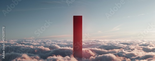 A surreal landscape with a towering red monolith rising from a floating platform above the clouds