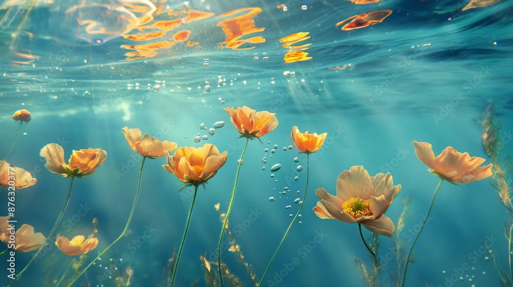 Bright beautiful yellow flowers under the surface of the ocean. The sun's rays penetrate the water column. Flowering plants in the depths of the sea Bright beautiful yellow flowers under the surface of the ocean. The sun's rays penetrate the water column. Flowering plants in the depths of the sea