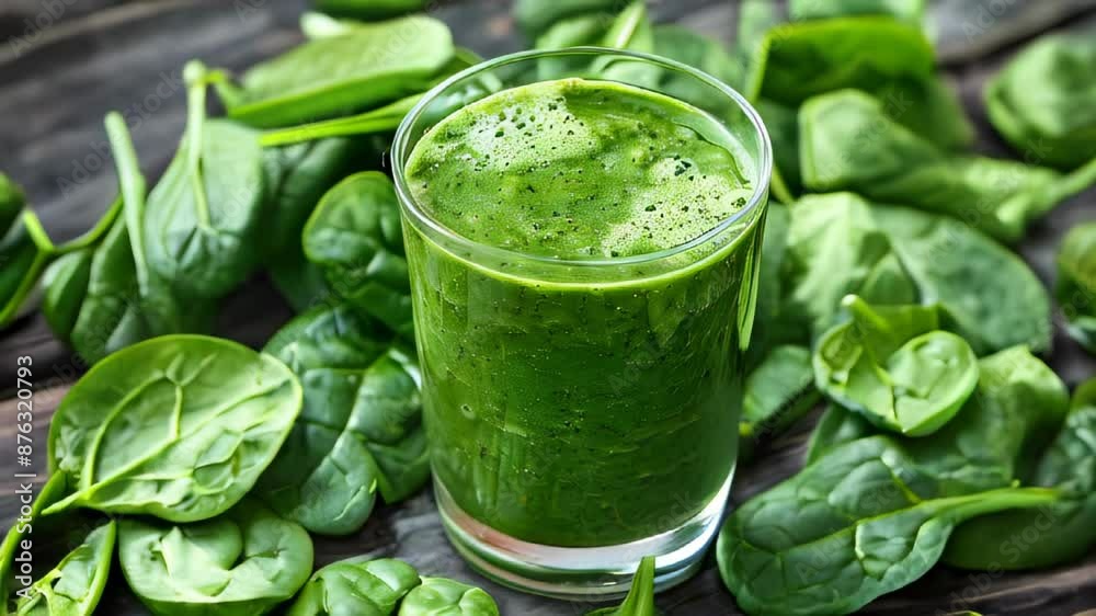 Green smoothie in glass surrounded by spinach leaves