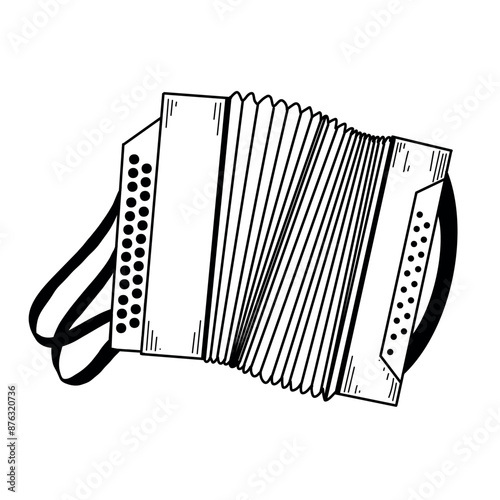 Russian folk instrument. An accordion with buttons and a belt, drawn in vector in black on a white background. Suitable for printing on posters, invitations, cards, for design.