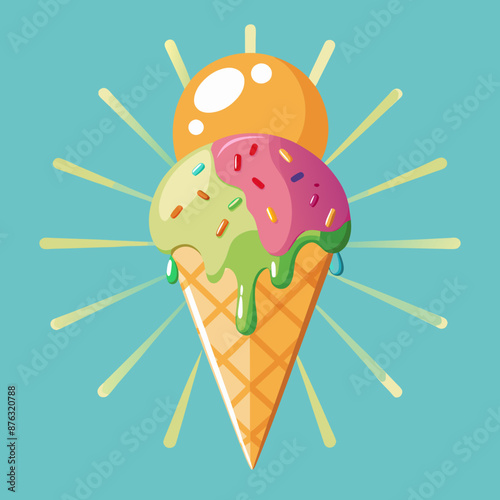Colorful ice cream cone with sprinkles creating a cheerful vibe, complemented by sun rays in the background, evoking feelings of summer and joy.