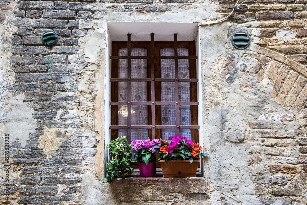 Naklejka premium Skrzynki kwiatów pod oknem w starym domu