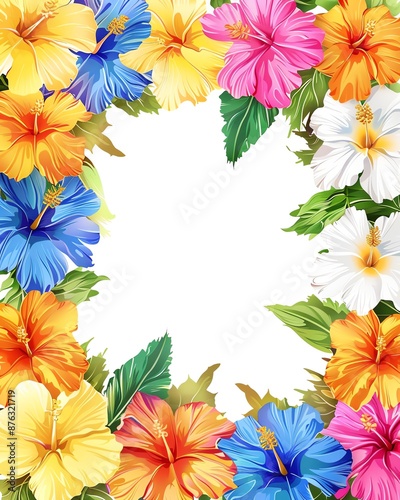A vibrant border of colorful hibiscus flowers surrounding a white background. © Digi A