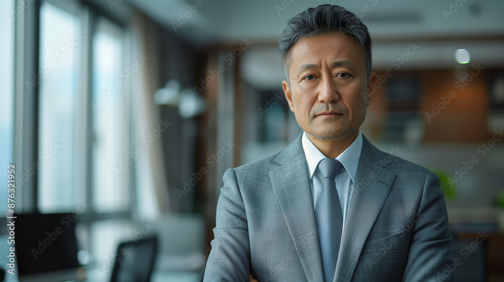 Fototapeta premium Portrait professionnel d'un homme mature en costume, manager, expert senior, dirigeant, entrepreneur ou homme politique pose dans son bureau, leadership et figure d'autorité, arrière-plan contemporain