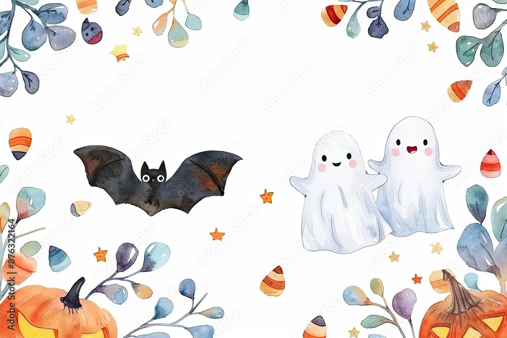 Fototapeta premium Cute Halloween-themed illustration featuring ghosts, bat, candy corn, pumpkins, and autumn leaves. Perfect for festive designs and decor.