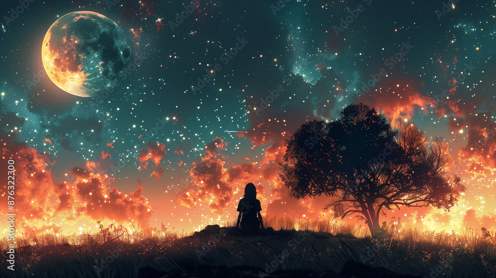 Fototapeta premium Paysage fantastique de nuit montrant la nuit étoilée, le cosmos, avec une silhouette féminine assise dans l'herbe sous un arbre