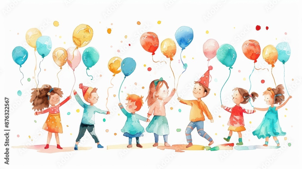 Naklejka premium Birthday party activities, kids enjoying watercolor painted games, flat design illustration