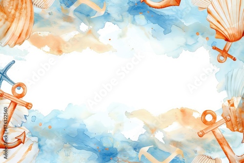 Watercolor nautical frame with anchors, ropes, and blue ocean waves. Perfect for marine-themed invitations and designs.