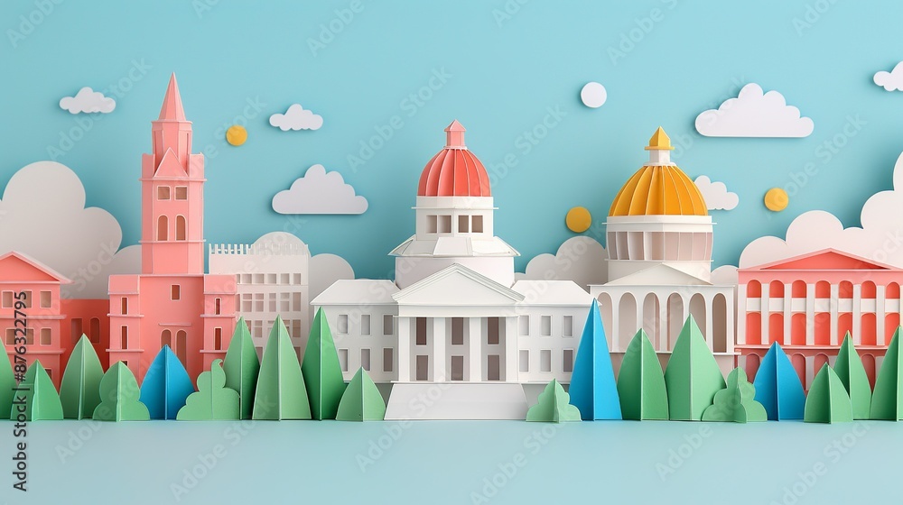 Explore the creativity of paper craft with illustrations depicting iconic buildings, famous locations, and architectural wonders with intricate detail. Clean and Clear Color, Realistic Photo, , Explore the creativity of paper craft with illustrations depicting iconic buildings, famous locations, and architectural wonders with intricate detail. Clean and Clear Color, Realistic Photo, ,