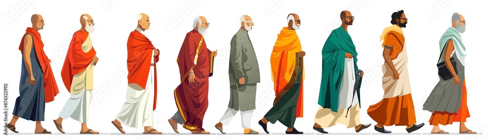 Diverse group of people walking in different traditional clothes.