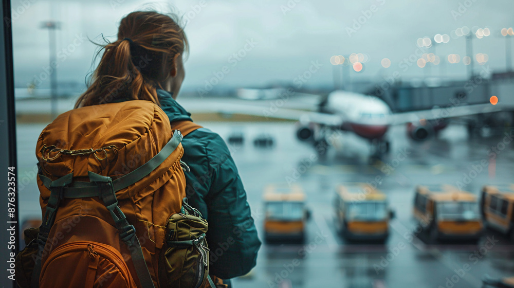 Backpacker watching airplane from airport window Backpacker watching airplane from airport window