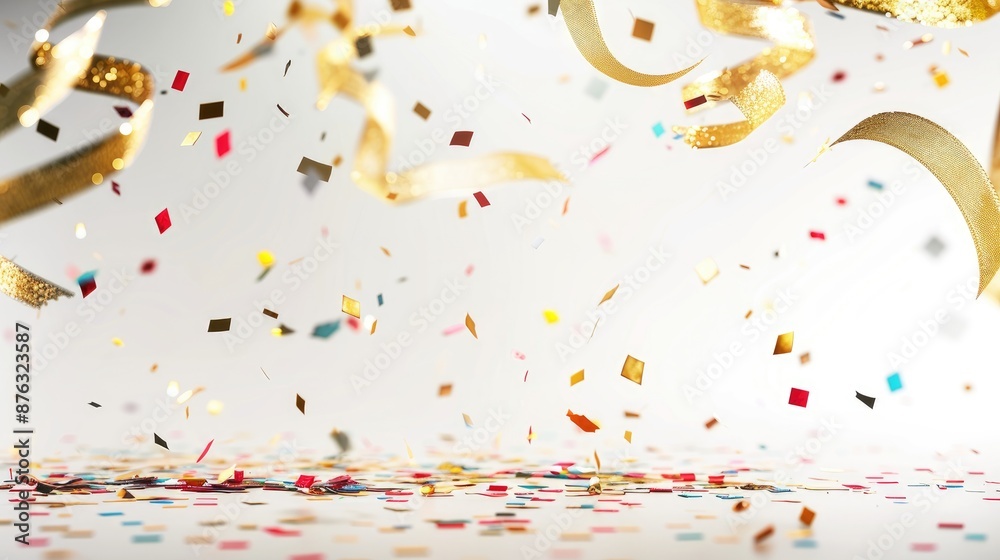 Naklejka premium Assorted confetti and a golden ribbon on a bright backdrop with open space