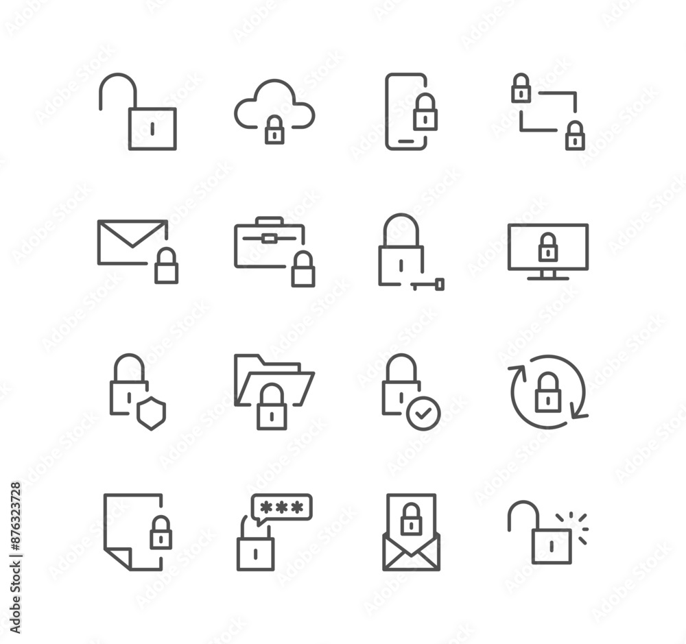 Set of locks and related icons, locked folder, locked phone, change password, cloud, file and linear variety vectors.
Set of locks and related icons, locked folder, locked phone, change password, cloud, file and linear variety vectors.