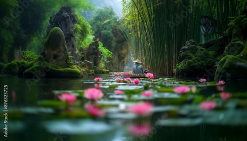 AI generator image of An old man is fishing on a boat and a cormorant is nearby. ,The boat floats in the middle of a lotus pond with very beautiful yellow wisteria flowers.