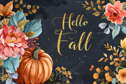 soft colored pumpkins with fall leaves on  dark blue watercolor background, text 