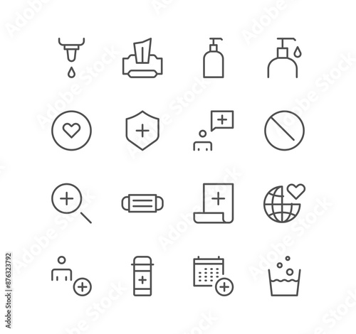 Set of coronavirus and health icons, protection, mask, hygiene, soap, quarantine, block and linear variety vectors.	
