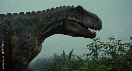 Angry carnivorous dinosaur predator with long stretched neck. Fog in the background