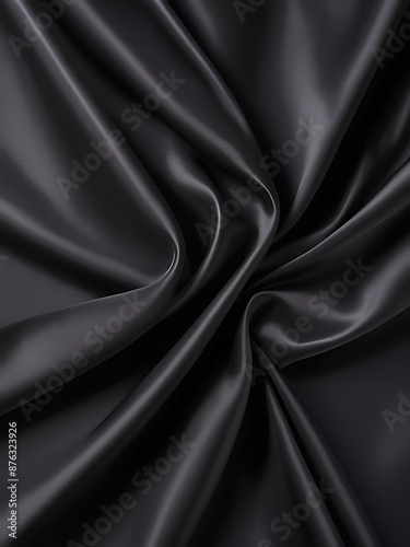 Black silk background with dark luxurious fabric draped texture folds in waves of flowing soft pattern, abstract satin or velvet cloth in luxury material design. ai