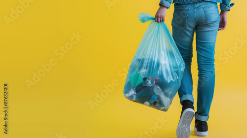 A person carrying a plastic bag full of recyclables to a recycling bin with copy space photo