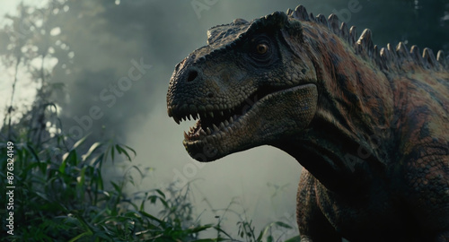 An evil carnivorous dinosaur predator with colorful skin in the middle of the forest, which is in smoke