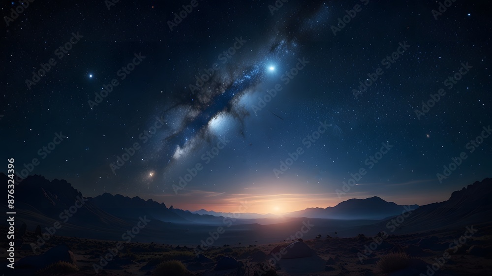A serene cosmic landscape filled with stars, with a prominent comet streaking through A serene cosmic landscape filled with stars, with a prominent comet streaking through