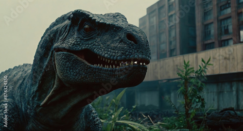 Angry carnivorous dinosaur predator in the middle of an abandoned city