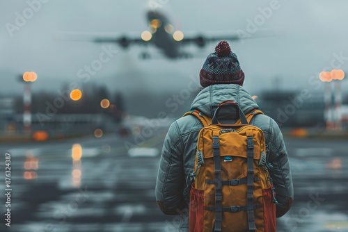 Traveler Watching Plane Take Off at Dusk photo