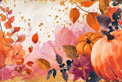 colorful pumpkins and fall leaves on watercolor background, space for text, fall background, template, invitation photo