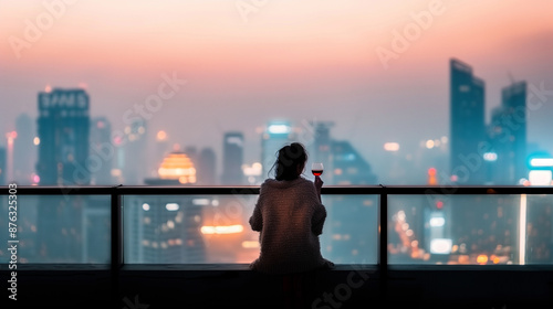 A woman is sitting on a ledge overlooking a city at night