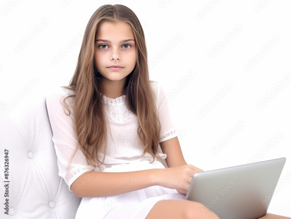 Girl Using Laptop on White Couch Girl Using Laptop on White Couch