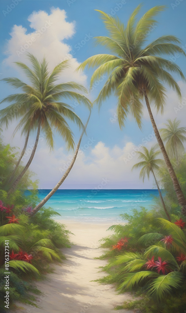 Fototapeta premium tropical paradise, palm trees, sea sandy beach, banner cover