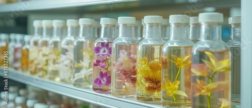 Wallpaper Mural AI generator image of  Orchid tissue culture in glass bottles on the shelves in laboratory for study experiment and trading with out focus background/Orchid tissue culture in glass bottles Torontodigital.ca