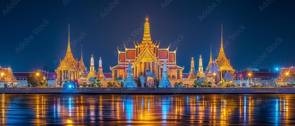Fototapeta premium AI generator image of Photograph of Wat Phra Kaew, Bangkok, Thailand at night and the fireworks display and the translation drone with lights, very beautiful.Panorama landscape view
