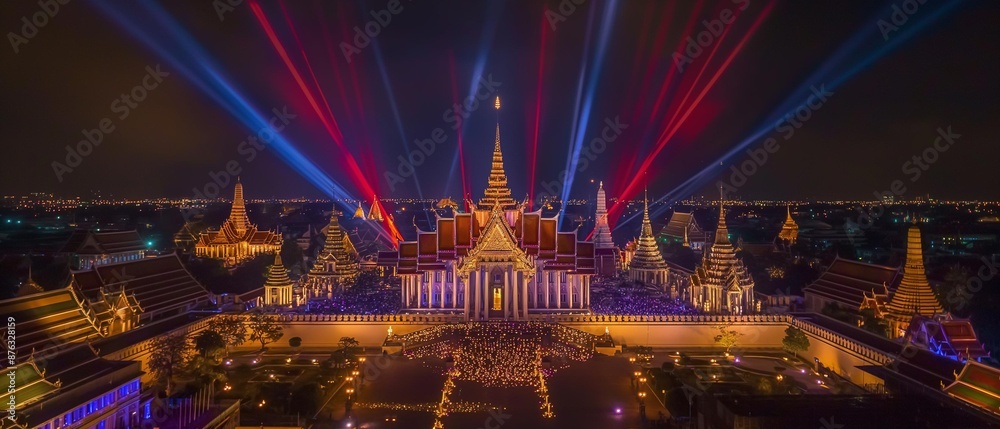 AI generator image of Photograph of Wat Phra Kaew, Bangkok, Thailand at night and the fireworks display and the translation drone with lights, very beautiful.Panorama landscape view AI generator image of Photograph of Wat Phra Kaew, Bangkok, Thailand at night and the fireworks display and the translation drone with lights, very beautiful.Panorama landscape view