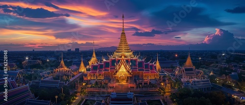 AI generator image of Photograph of Wat Phra Kaew, Bangkok, Thailand at night and the fireworks display and the translation drone with lights, very beautiful.Panorama landscape view