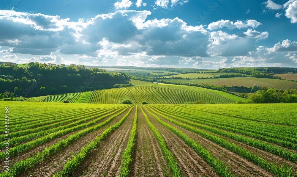 panoramic view of lush green fields and blue sky in south circus english countryside with rows of crops swaying gently under warm sunlight capturing the beauty of nature's palette and distant forests panoramic view of lush green fields and blue sky in south circus english countryside with rows of crops swaying gently under warm sunlight capturing the beauty of nature's palette and distant forests