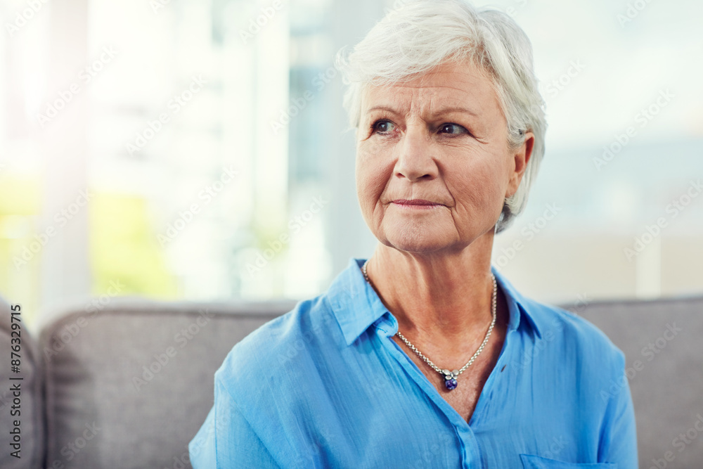 House, thinking and pensive senior woman with nostalgia, contemplation and introspection on sofa. Home, elderly person and thoughts for mental health, remember memory and dementia in retirement House, thinking and pensive senior woman with nostalgia, contemplation and introspection on sofa. Home, elderly person and thoughts for mental health, remember memory and dementia in retirement