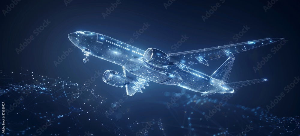 Digital rendering of a futuristic airplane in flight with glowing blue lines Digital rendering of a futuristic airplane in flight with glowing blue lines