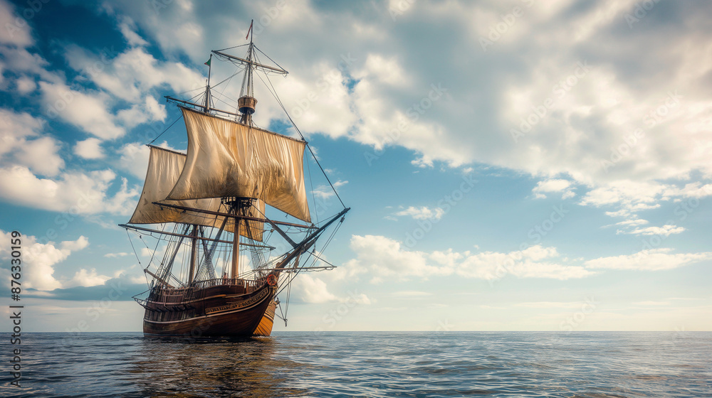 Sailing ship sailing at sea, sunny day, calm in the ocean Sailing ship sailing at sea, sunny day, calm in the ocean