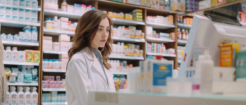 AI generator image of Pharmacy Drugstore: Beautiful Young Woman Buying Medicine, Drugs, Vitamins Stands next to Checkout Counter. Female Cashier in White Coat Serves Customer. Shelves with Health Care AI generator image of Pharmacy Drugstore: Beautiful Young Woman Buying Medicine, Drugs, Vitamins Stands next to Checkout Counter. Female Cashier in White Coat Serves Customer. Shelves with Health Care