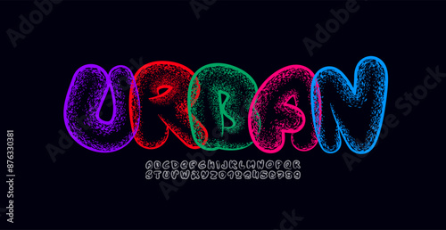 Graffiti spray font, inflated alphabet, street city hand-drawn typeface, brush paint texture letters and numbers made mural style, vector illustration 10EPS