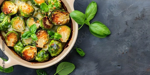 Vegetarian dish of roasted brussels sprouts with butter and parmesan in casserole. Concept Vegetarian Recipes, Roasted Brussels Sprouts, Casserole Dishes, Parmesan Cheese, Butter-Based Dishes photo