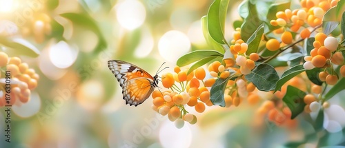 AI generator image of butterfly Duranta erecta flowers and Duranta erecta orange fruits photo