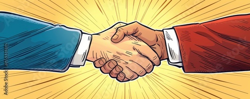 A comic-style illustration of a handshake between two superheroes, representing the alliance and teamwork in a playful, dynamic way