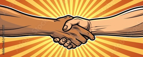 A comic-style illustration of a handshake between two superheroes, representing the alliance and teamwork in a playful, dynamic way