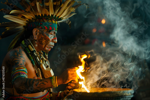 A Mayan priest in ceremonial garb, performing a ritual at a temple.


 photo