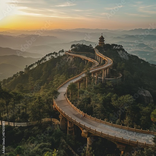 AI generator image of The Golden Bridge (Vietnamese: Cầu Vàng) is a 150-metre-long (490 ft) pedestrian bridge in the Bà Nà Hills resort, near Da Nang, Vietnam. provide a scenic overlook and tourist  photo