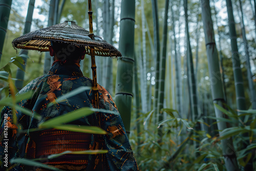 A Samurai lord in traditional dress, in a bamboo forest.


