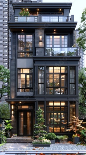 A modern townhouse with black exterior, large windows, and a front yard