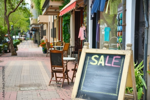 Fototapeta Naklejka Na Ścianę i Meble -  A charming storefront with a sale sign stands on a cobblestone street lined with vibrant greenery
